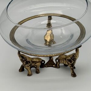 Vintage Brass Elephant Base Glass Centerpiece Bowl Safari Wildlife Decor